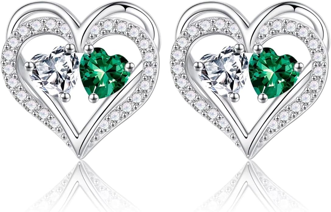Iefil Birthstone Earrings for Women - 925 Sterling Silver Heart Earrings Anniversary Birthday Gifts for Women Wife Girlfriend Mom