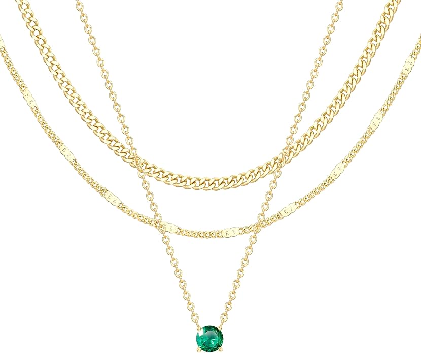 WomenGifts Layered Gold Necklaces for Women, 14K Gold Sterling Silver Plated Dainty Pendant Necklace Set with Cubic Zirconia Circle, Chunky Stackable Cuban Chain Choker, Trendy Personalized Birthstone Jewelry Gift Non Tarnish
