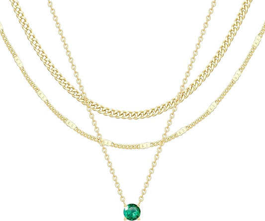 WomenGifts Layered Gold Necklaces for Women, 14K Gold Sterling Silver Plated Dainty Pendant Necklace Set with Cubic Zirconia Circle, Chunky Stackable Cuban Chain Choker, Trendy Personalized Birthstone Jewelry Gift Non Tarnish