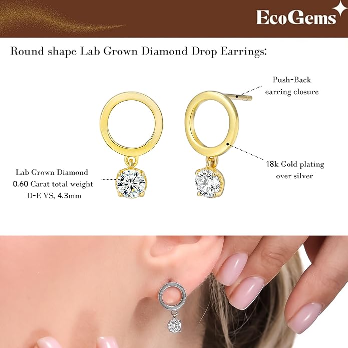 18K Yellow/White Gold Plated Silver Earring With 0.60 TCW Lab Grown Diamonds/Emerald/Blue Sapphire/Moissanite, Earrings For Women, Gift For Her Jewelry For Women Comes With Gift Box