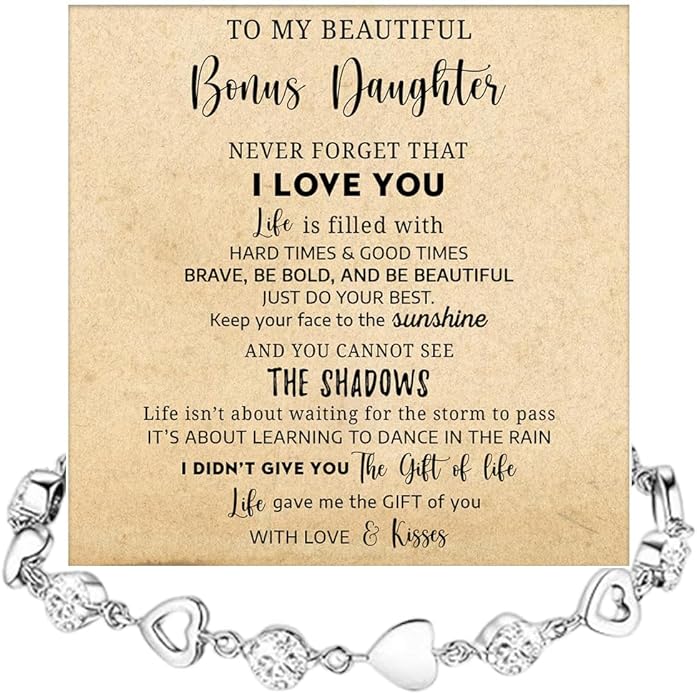 To My Bonus Daughter Heart Bracelet Gift, Beautiful Bonus Daughter Jewelry From Step Mom Dad With Message Card and Box Meaning, Christmas Graduation Birthday Gifts, To My Stepdaughter Bracelet