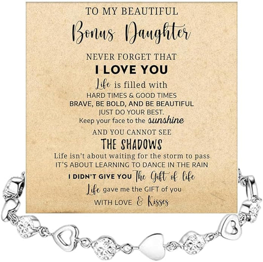 To My Bonus Daughter Heart Bracelet Gift, Beautiful Bonus Daughter Jewelry From Step Mom Dad With Message Card and Box Meaning, Christmas Graduation Birthday Gifts, To My Stepdaughter Bracelet