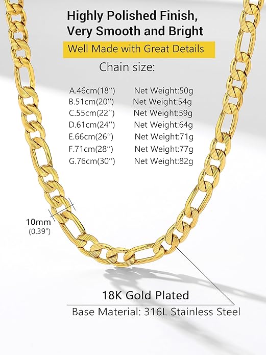 PROSTEEL 316L Stainless Steel Figaro Cuban Chain Necklace for Men, Black/18K Real Gold Plated, 4/5/6/7.5/9/10/13mm, 14inch-30inch, Come with Box