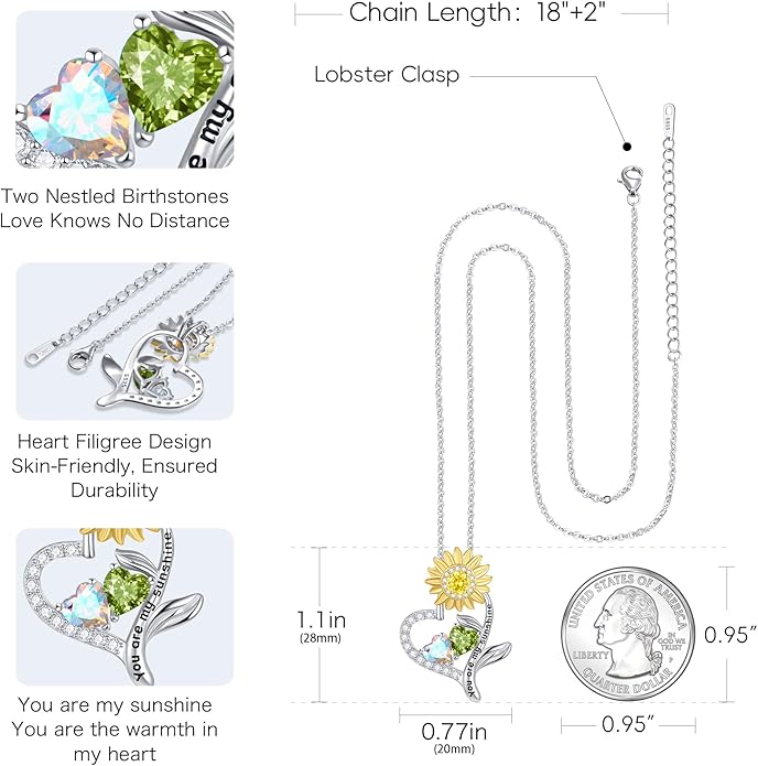 PERJI Valentine's Day Gifts for Women - 925 Sterling Silver Double Birthstone Sunflower Necklace, Anniversary Birthday Jewelry You are My Sunshine Gifts for Wife Couple Girlfriend 18"+2" Non Tarnish
