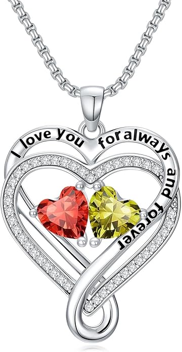 I Love You for Awlays and Forever Double Heart Necklace with Birthstone, 2 Birth Stone Jewelry Anniversary Valentines Mothers Day Christmas Birthday Gifts for Women Her Wife Girlfriend Mom Mother