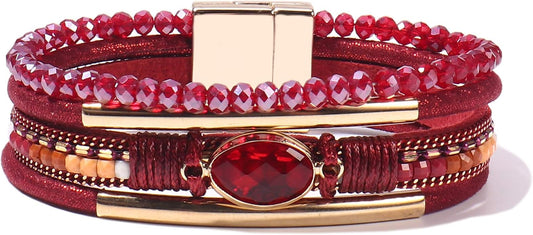 FANCY SHINY Leather Wrap Bracelets Crystal Beads Bracelet Boho Cuff Stone Charm Bracelets with Clasp Costume Jewelry for Women