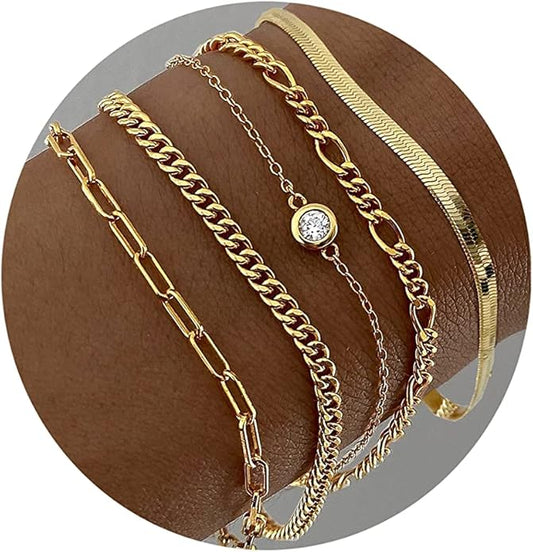 DEARMAY Waterproof Gold Plated Bracelets Set for Women Trendy, Dainty 14K Gold Jewelry Fashion Stackable Tennis Beaded Figaro Herringbone Paperclip Link Bracelet Pack Stack Gifts for Women