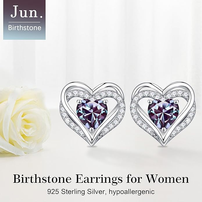 Iefil Birthstone Earrings for Women, 925 Sterling Silver Heart Stud Earrings Birthday Gifts for Women