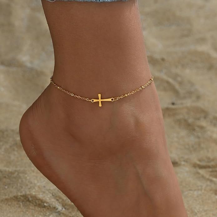 Ankle Bracelets for Women Dainty 18K Gold Plated Anklet Waterproof Round Beaded Paperclip Herringbone Pearl Chain Anklets Waterproof Beach Foot Jewelry