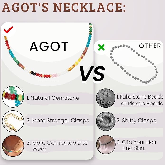 AGOT Beaded Gemstone Necklace for Women: Boho Bead Choker Natural Stone Necklaces - Handmade Jewelry for Summer Beach