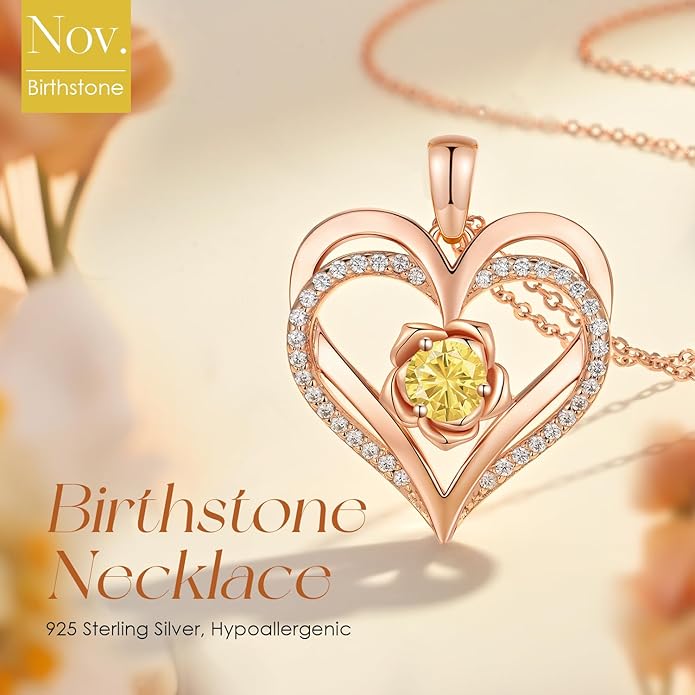 CDE Christmas Gifts for Women S925 Silver Rose Gold Heart Birthstone Necklaces for Women，Ideal Anniversary or Birthday Jewelry Gifts for Wife Girlfriend Her