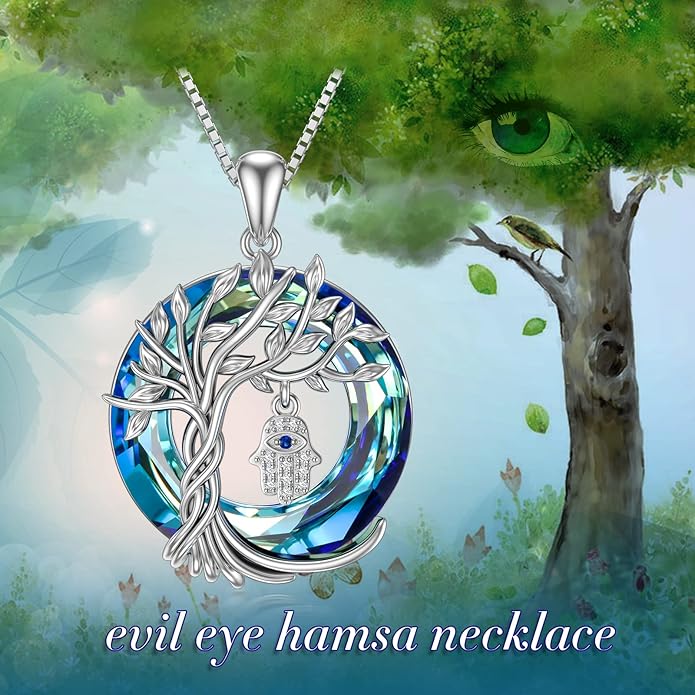 TOUPOP Evil Eye Necklace 925 Sterling Silver Tree of Life Circle Crystal Pendant Necklace Protection Jewelry Amulet Christmas Gifts for Women Her