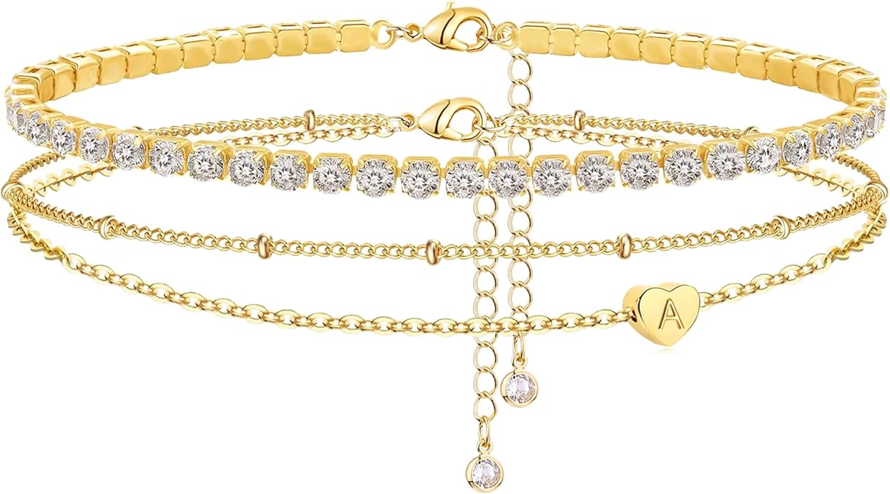 Yanoda Initial Ankle Bracelets for Women, 14K Gold Plated Waterproof Dainty Layered Heart Letter Initial Anklets Personalized Gifts