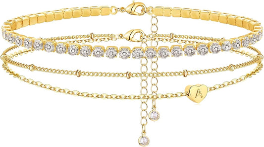 Yanoda Initial Ankle Bracelets for Women, 14K Gold Plated Waterproof Dainty Layered Heart Letter Initial Anklets Personalized Gifts