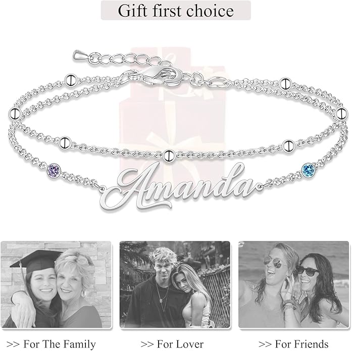 LucySky Custom Bracelets with 2 Names for Women, 925 Sterling Silver Adjustable Personalized Name Anklet, Custom Bracelets Summer Beach Jewelry Dainty Gifts for Wife, Sister, Friends