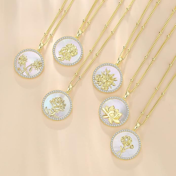 AGVANA Valentines Day Gifts Sterling Silver Birth Flower Necklace for Women Genuine Mother of Pearl CZ Round Disc Pendant Necklace Fine Jewelry Anniversary Birthday Gifts for Women Wife Mom Her