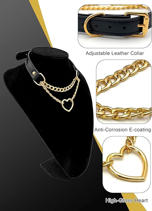 Black Leather Choker Collar For Women, Handmade Heart Slip Chain Choker Long Necklace with Adjustable Buckle