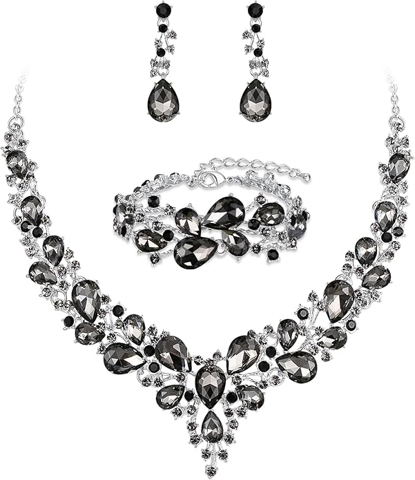 BriLove Wedding Bridal Jewelery for Women Austrian Crystal Teardrop Cluster Statement Necklace Dangle Earrings Link Bracelet Set