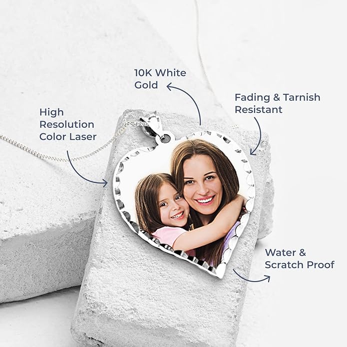 PicturesOnGold.com Personalized Photo Engraved Heart Shaped Picture Necklace with Diamond Cut Edge in Silver, Gold, White Gold or Rose Gold - 1 Inch x 1 Inch