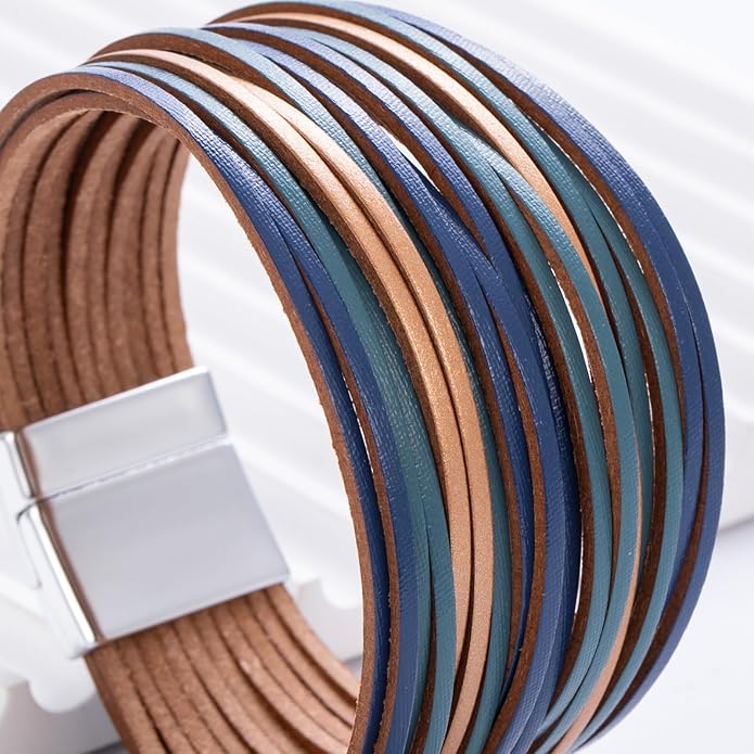 FANCY SHINY Boho Leather Wrap Bracelet Stackable Layered Bangle Cuff with Magnetic Clasp