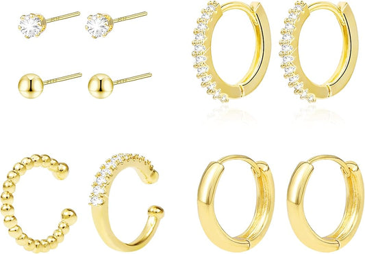 Stud Earrings for Women Hypoallergenic Sterling Silver Post Hoop and Studs Earrings Set for Multiple Piercing Small Ball Cubic Zirconia Earring Studs for Women Trendy Jewelry Gifts（6 Pairs）