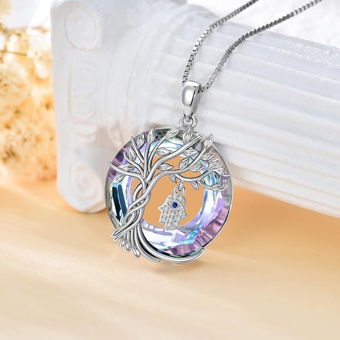 TOUPOP Evil Eye Necklace 925 Sterling Silver Tree of Life Circle Crystal Pendant Necklace Protection Jewelry Amulet Christmas Gifts for Women Her