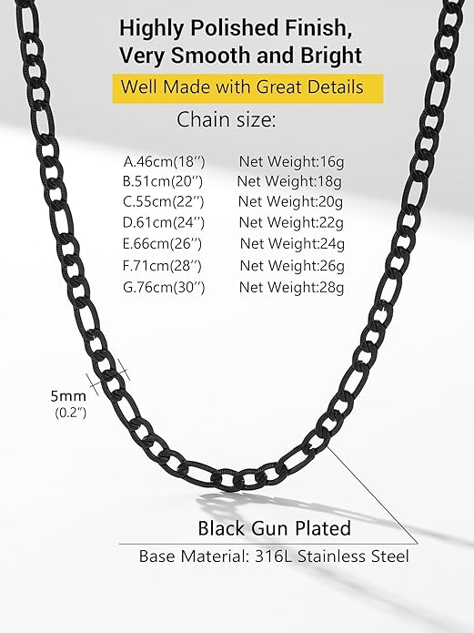 PROSTEEL 316L Stainless Steel Figaro Cuban Chain Necklace for Men, Black/18K Real Gold Plated, 4/5/6/7.5/9/10/13mm, 14inch-30inch, Come with Box