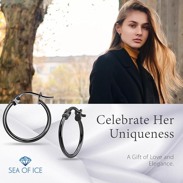 SEA OF ICE 925 Sterling Silver Hoop Earrings for Women - Hypoallergenic Earrings for Women in Sterling Silver, Yellow Gold, Rose Gold or Black Rhodium | Sizes 12MM, 15MM, 20MM or Multipack