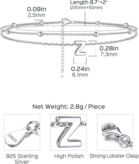 ChicSilver Ankle Bracelets for Women Waterproof, 925 Sterling Silver Initial Anklets for Women, Adjustable Dainty Layered Anklet Beach Jewelry for Women Mom Wife Friend