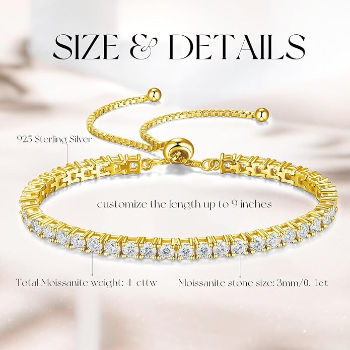 FANCIME Gold Moissanite Tennis Bracelet 1.2ct-12ct Lab Created Moissanite Diamond Bracelets,925 Sterling Silver Adjustable Bolo Tennis Bracelets, 2/3/4/5mm D Color VVS1 Round Cut Moissanite Bracelet for Women