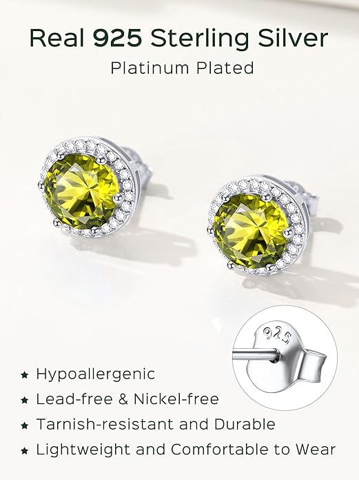 ChicSilver 925 Sterling Silver Birthstone Earrings for Women, 8MM/2 Carat Heart & Round Cubic Zirconia Stud Earrings, Hypoallergenic Jewelry, Ideal Birthday or Christmas Gifts