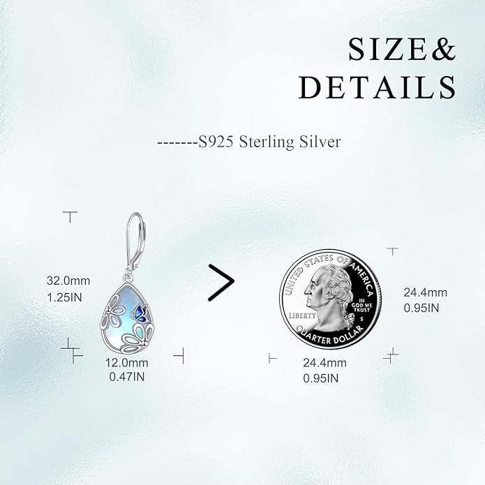AOBOCO Butterfly/Dragonfly/Bee/Ladybug Leverback Earrings 925 Sterling Silver Rose Lotus Tulip Flower Filigree Dangle Earrings Teardrop Moonstone Larimar Turquoise Abalone Shell Jewelry Birthday Gifts for Women