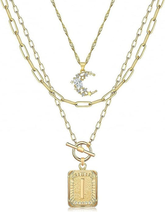 MJartoria Layered Initial Necklaces for Women Trendy, 14K Gold Plated Brass Simple Moon Choker Square Letter Pendant Necklace, Paperclip Chain Necklaces Jewelry Gifts