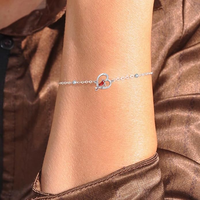 Red Cardinal Bracelet with Diamond 925 Sterling Silver Cardinal Bracelet for Women Cardinal Jewelry Gift for Her Anniversary Birthday Christmas