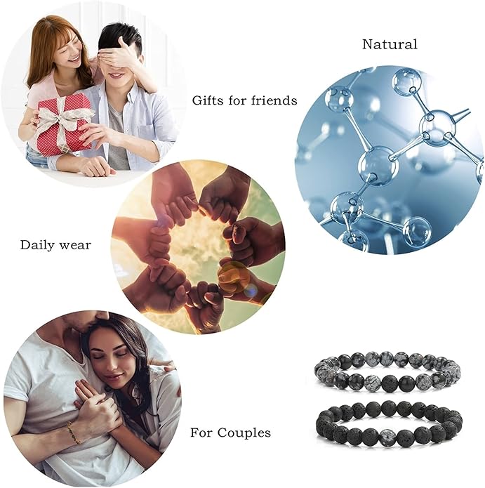 MengPa Mens Beaded Bracelets Couples Matching Bracelet Set Lava Rock Beads for Women Stone Jewelry