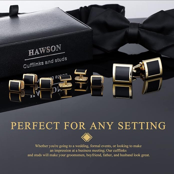 HAWSON Cufflinks and Studs for Men with Gift Box, Gold or Silver Tone Cuff Links, Mens Jewelry or Accessories for Wedding Business Anniversary Birthday