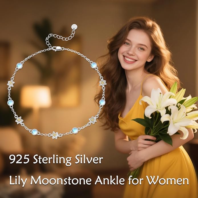 CRMAD 925 Sterling Silver Daisy/Sunflower Moonstone Anklet Daisy Flower Ankle Bracelet for Women Beach Dainty Jewelry