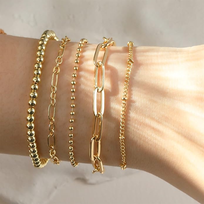 DEARMAY Waterproof Gold Plated Bracelets Set for Women Trendy, Dainty 14K Gold Jewelry Fashion Stackable Tennis Beaded Figaro Herringbone Paperclip Link Bracelet Pack Stack Gifts for Women