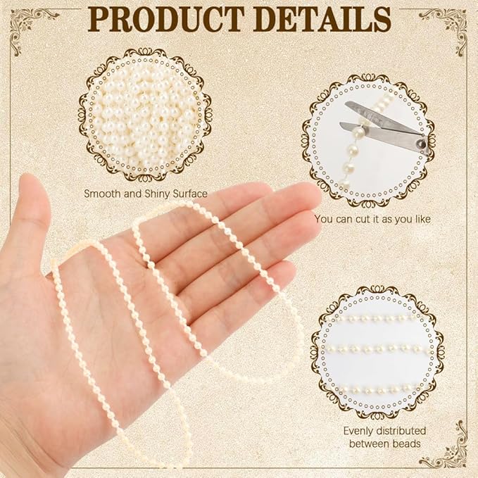 Pearl Beads Garland, 3mm String of Pearls, 164FT Pearl Garland for Christmas Tree, Christmas Faux Pearls Strand Roll for DIY Craft Xmas Wedding Party Supplies Flowers Decoration (Ivory)