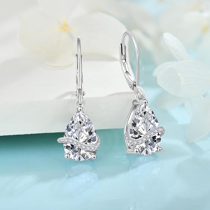 Teardrop Jewelry Set for Women 925 Sterling Silver Cubic Zirconia Necklace Dangle Drop Leverback Earrings April Birthstone Jewelry Gifts for Her