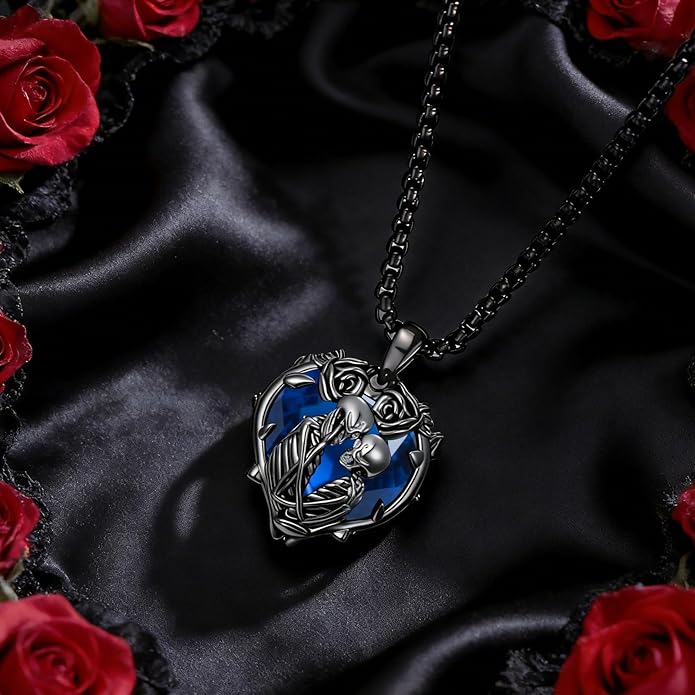 Flpruy 925 Sterling Silver Black Gothic Jewelry Gifts Skeleton Couple Pendant Crystal Birthstone Heart Necklace Punk Romantic Jewelry for Lover Men Women
