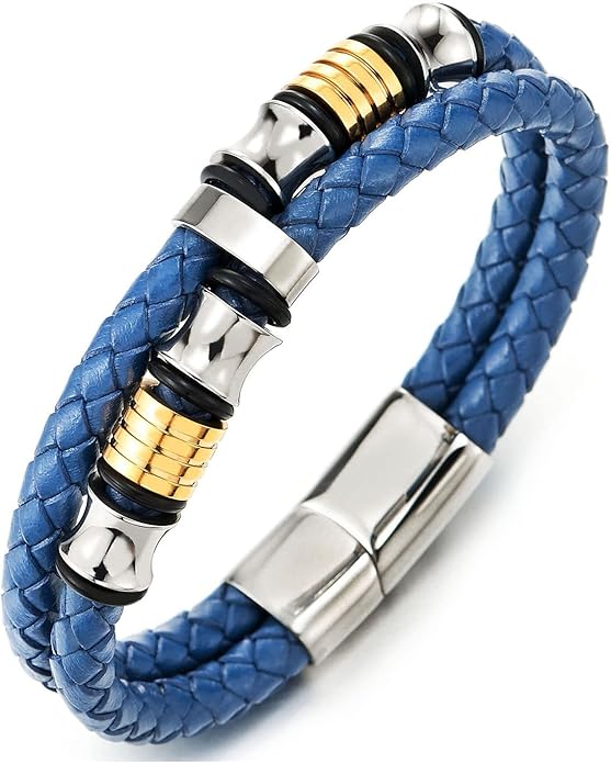 COOLSTEELANDBEYOND Mens Double-Row Braided Leather Bracelet Bangle Wristband with Stainless Steel Ornaments