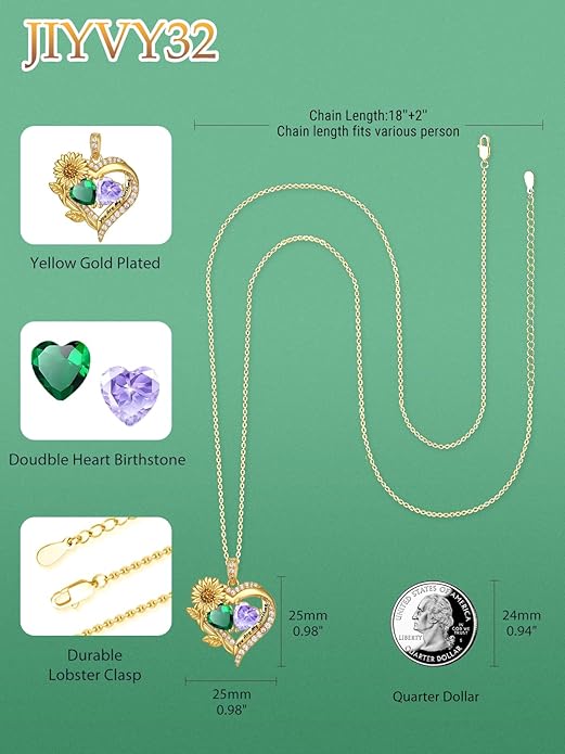 Sunflower Heart Necklace for Women 14K Gold Exquisite Anniversary Birthday Gifts for Wife Mother Her Double Birthstone Pendant jewelry‘You Are My Sunshine’