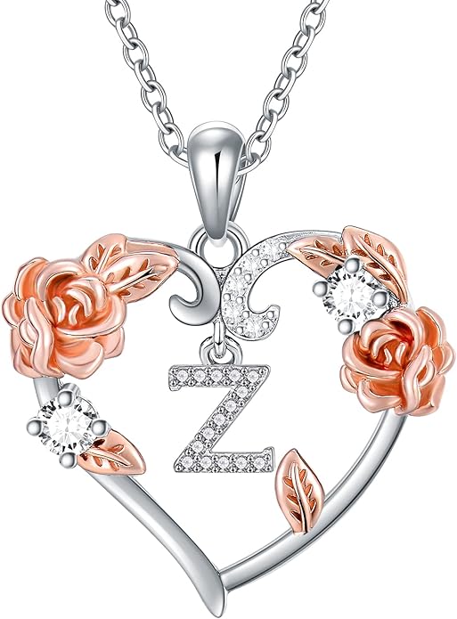 AOBOCO Rose Heart Necklaces Valentines Gifts for Women, 925 Sterling Silver Rose Love Heart Initial Letter Pendant Necklace Jewelry Mothers Day Christmas Birthday Gifts for Her Mom Wife Girlfriend
