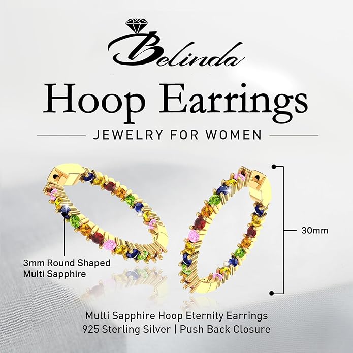 Hoop Earrings with 40 Colored Gemstones, Birthstone Earrings, 925 Sterling Silver Rhodium Plated, Push Back Closure, 1.18'