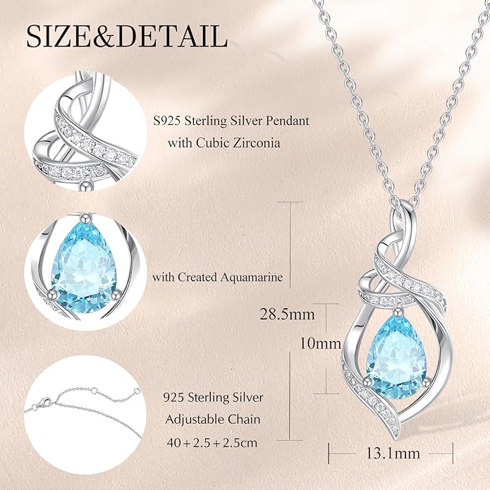 FANCIME Teardrop Gemstone Necklace for Women S925 Sterling Silver Elegant Ribbon Pendent Birthday Gifts for Her, 16"+2" Inches