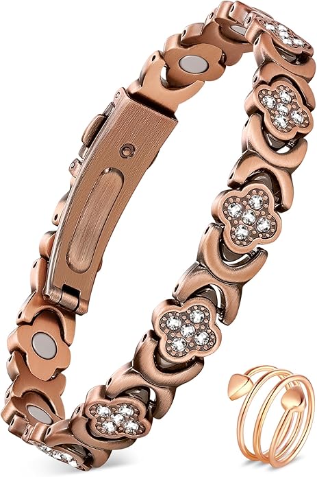 Feraco Pure Copper Bracelets for Women, Ultra Strength Magnetic Therapy Bracelet for Pain Relief with Neodymium Magnets & Sparkling Cubic Zirconia, Adjustable, Infinite Clover Jewelry