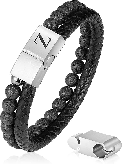 Leather Bracelets for Mens Gifts - Premium Genuine Leather Natural Lava Rock Adjustable Stainless Steel Magnetic Clasp Mens Initial Bracelet, Unique Gifts for Men Husband Dad Son