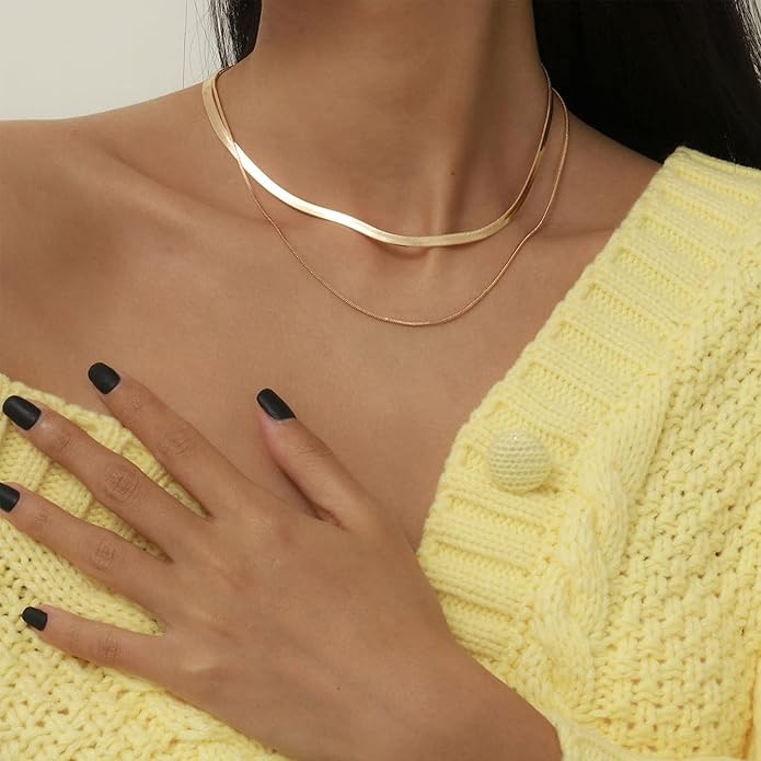 Freekiss Herringbone Necklace for Women,Dainty Gold Necklace,14k Gold Plated Snake,Gold Chain Choker Necklaces,Simple Gold Layered Necklaces,Gold Jewelry Gift for Women