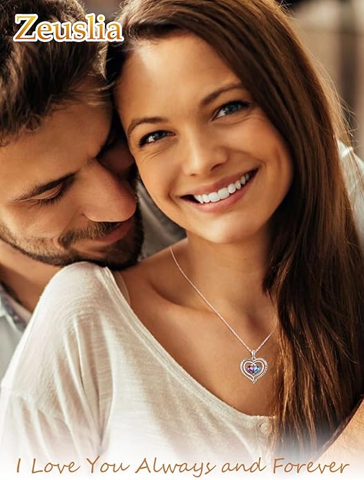 Zeuslia Double Birthstone Necklace Gifts for Wife - 925 Sterling Silver Sunflower/Rose/Crown Cross/Compass/Heart Pendant I Love You Necklace, Anniversary Birthday Gifts for Wife Girlfriend Mom Her